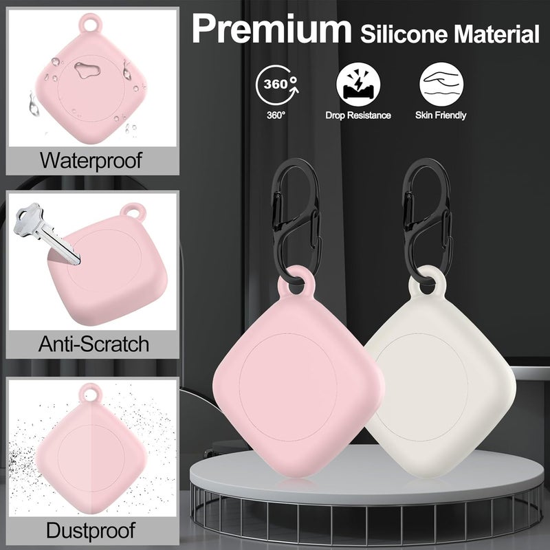 SGHLDE Silicone Case for Life360 Tile Tracker 2 Pack, for Tile Mate 2022 Full Body IPX8 Waterproof and Anti-Scratch Protective with Carabiner for Kids, Keys, Luggage, Cat/Dog Collar Tag (Off White+Pink) - Image 3